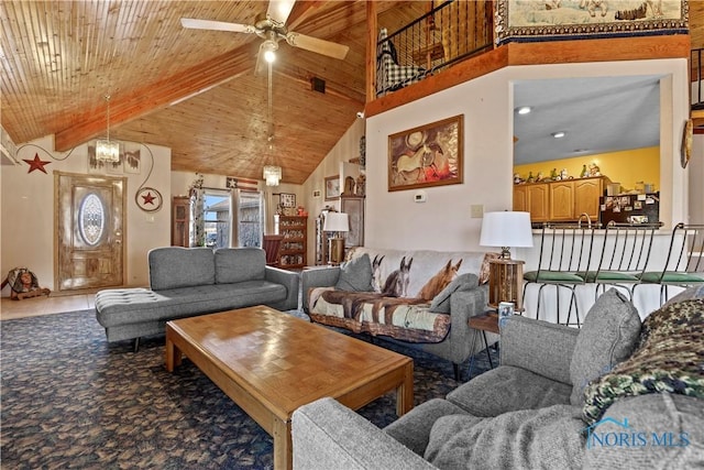 living room featuring high vaulted ceiling, wood ceiling, beamed ceiling, and ceiling fan with notable chandelier