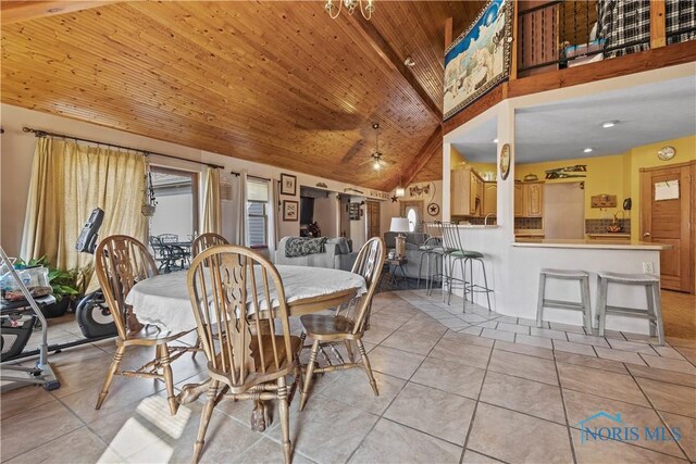 dining space with light tile patterned floors, high vaulted ceiling, ceiling fan, and wooden ceiling