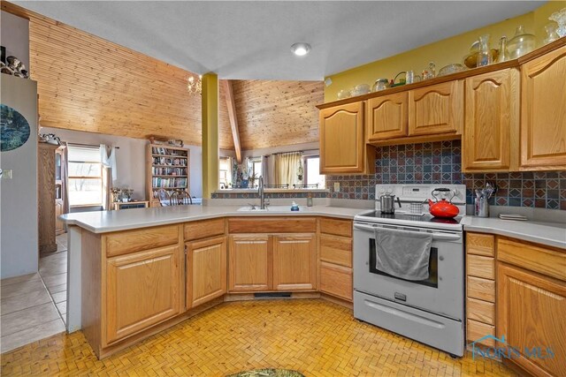 kitchen featuring light countertops, tasteful backsplash, plenty of natural light, and white range with electric stovetop