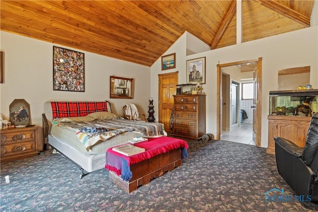 bedroom with carpet floors, wooden ceiling, and high vaulted ceiling