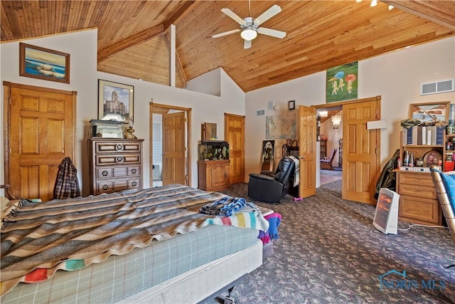 carpeted bedroom with high vaulted ceiling, wooden ceiling, visible vents, and beam ceiling