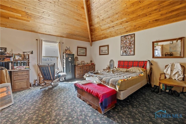 bedroom featuring vaulted ceiling, carpet, and wood ceiling