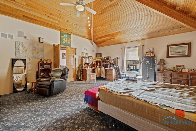 bedroom with high vaulted ceiling, carpet flooring, wood ceiling, visible vents, and beamed ceiling