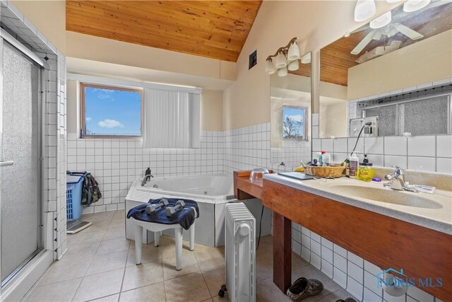 bathroom with wooden ceiling, visible vents, vaulted ceiling, and tile patterned floors