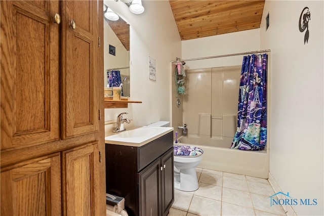 full bath featuring shower / bath combo, toilet, wood ceiling, tile patterned floors, and vanity