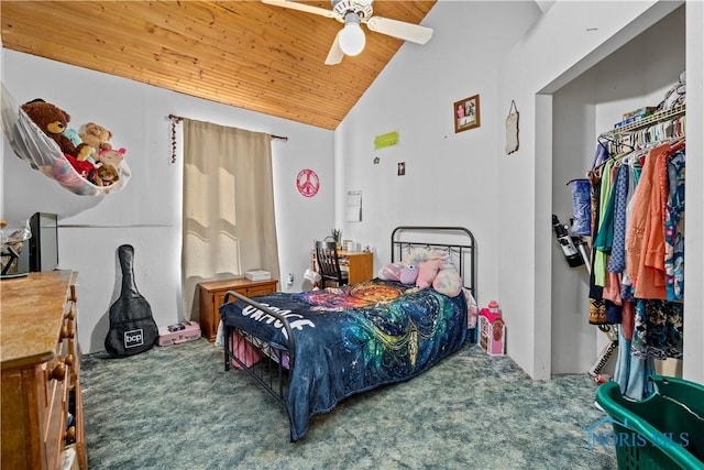 bedroom with carpet, wood ceiling, vaulted ceiling, and ceiling fan