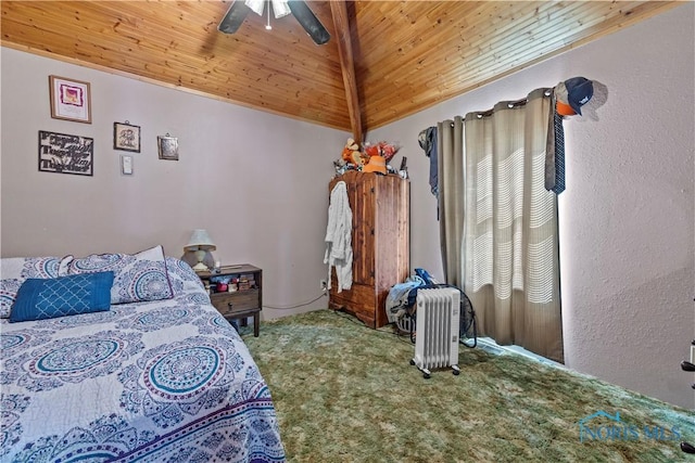 unfurnished bedroom with carpet floors, lofted ceiling, wood ceiling, and a ceiling fan