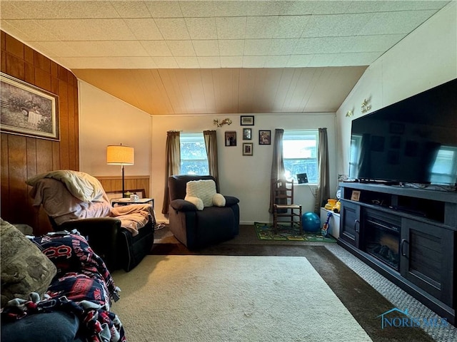 living area with wood walls, dark carpet, vaulted ceiling, and a glass covered fireplace