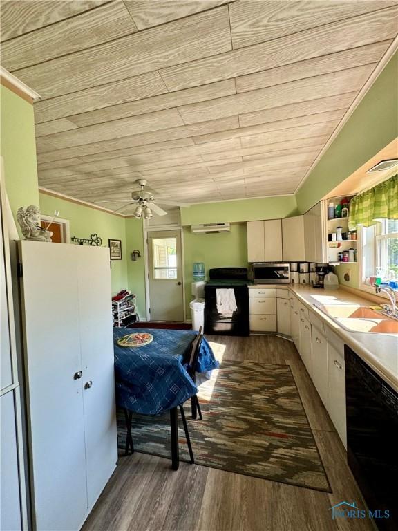 kitchen featuring open shelves, dark wood-type flooring, light countertops, black appliances, and plenty of natural light