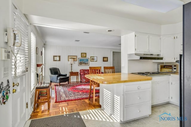 kitchen featuring stainless steel appliances, white cabinetry, and under cabinet range hood