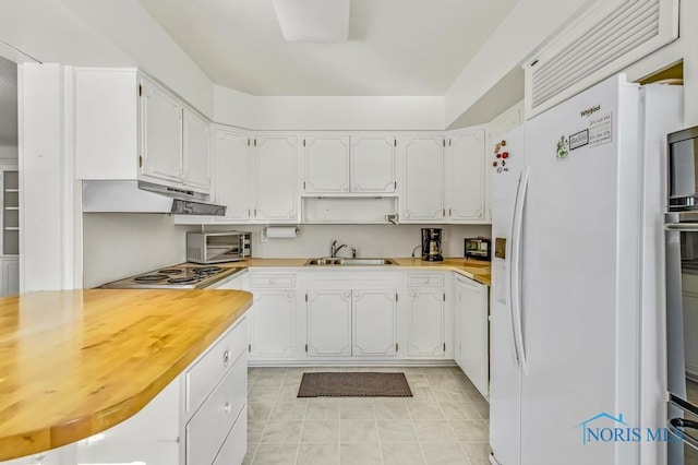 kitchen featuring white fridge with ice dispenser, stovetop, white cabinetry, and a sink