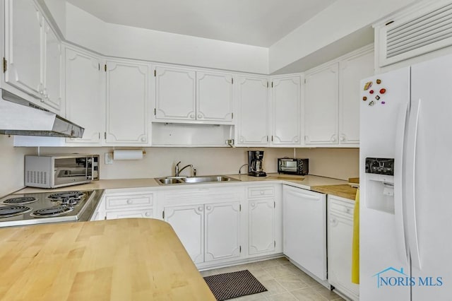 kitchen with a toaster, appliances with stainless steel finishes, under cabinet range hood, white cabinetry, and a sink