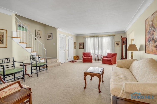 living room featuring light colored carpet, crown molding, stairway, and baseboards