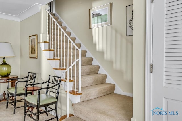 stairway featuring carpet floors, ornamental molding, and baseboards