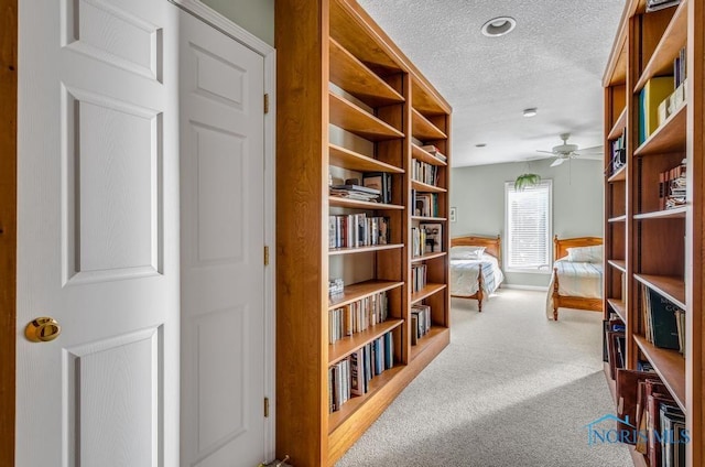 interior space featuring ceiling fan, a textured ceiling, and carpet flooring