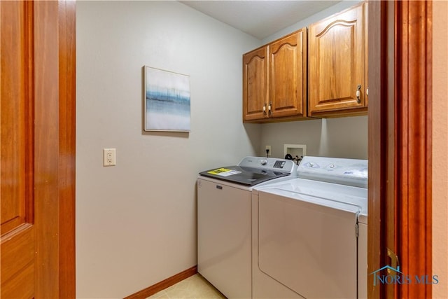 laundry area featuring cabinet space, washer and clothes dryer, and baseboards