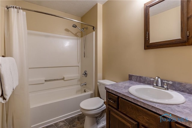 bathroom with vanity, toilet, and shower / tub combo with curtain