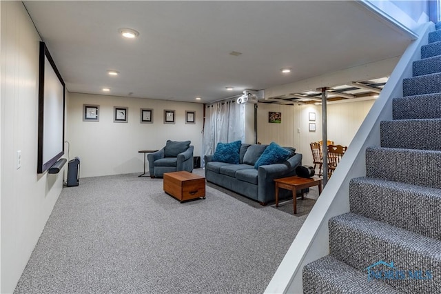 living room with stairs, carpet flooring, and recessed lighting