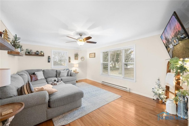 living room with light wood-type flooring, baseboards, ceiling fan, and baseboard heating