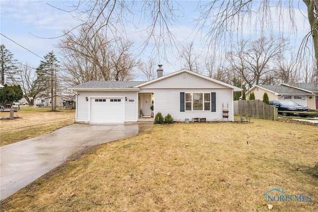 ranch-style house featuring a garage, fence, concrete driveway, a front lawn, and a chimney