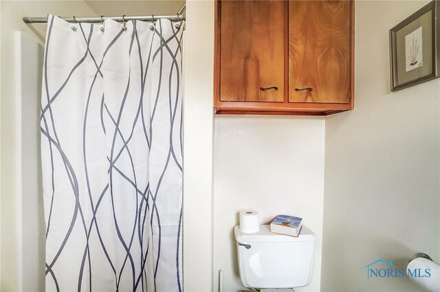 bathroom featuring toilet and a shower with shower curtain