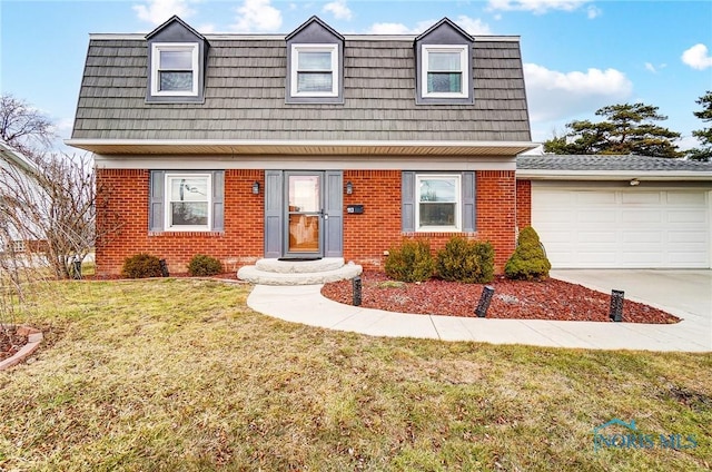 view of front of house featuring mansard roof, concrete driveway, an attached garage, a front lawn, and brick siding