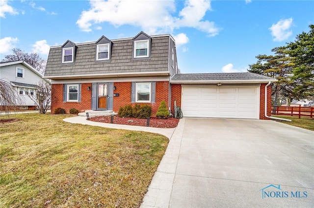 view of front facade featuring brick siding, concrete driveway, an attached garage, a front yard, and fence