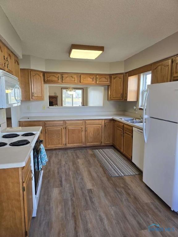 kitchen featuring brown cabinets, white appliances, light countertops, and dark wood-style floors