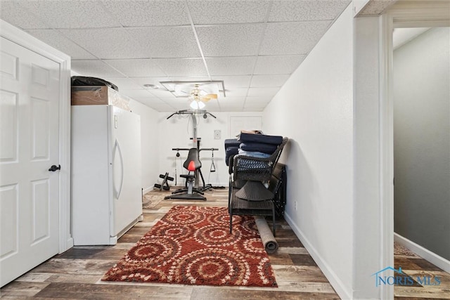 workout room with a drop ceiling, baseboards, and wood finished floors