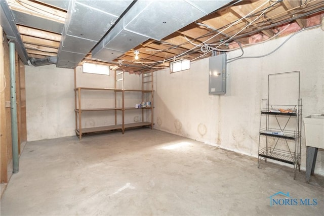 basement featuring a wealth of natural light and electric panel