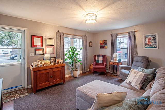 living area featuring a textured ceiling, plenty of natural light, and baseboards