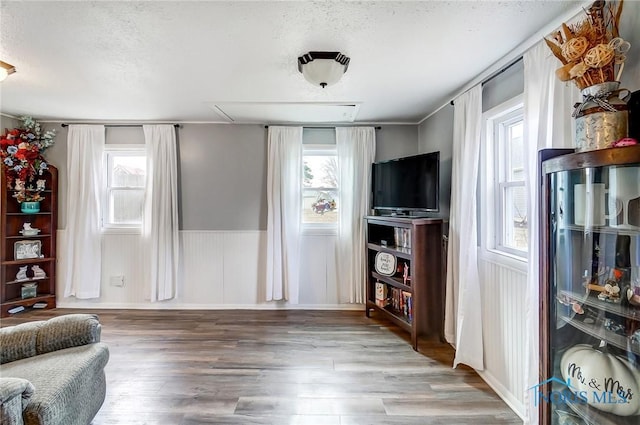 living area featuring a wainscoted wall, plenty of natural light, a textured ceiling, and wood finished floors