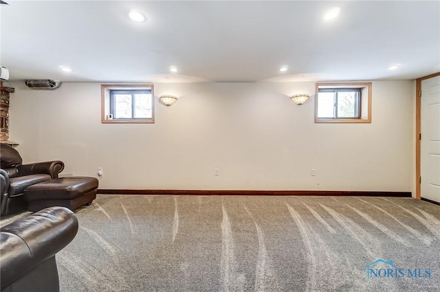 interior space with baseboards, carpet flooring, and recessed lighting