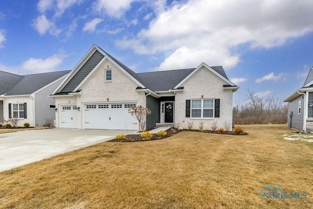 view of front of house with a garage, concrete driveway, a front lawn, and brick siding