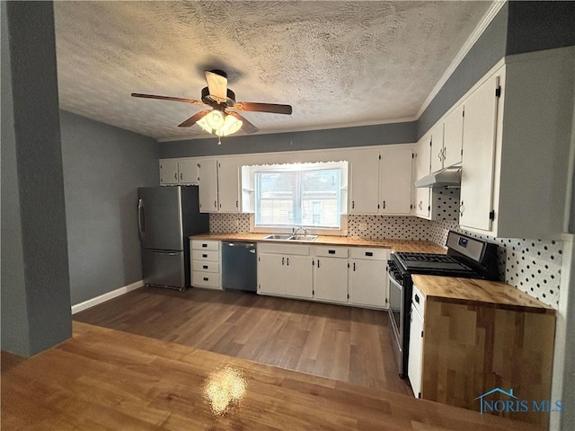 kitchen featuring appliances with stainless steel finishes, wood finished floors, a sink, under cabinet range hood, and backsplash