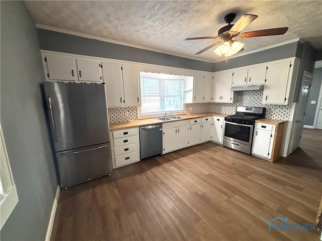 kitchen with under cabinet range hood, white cabinetry, appliances with stainless steel finishes, and dark wood-type flooring