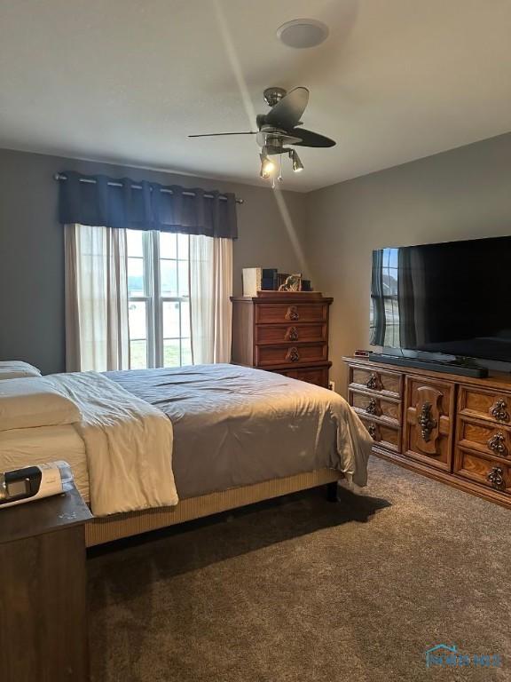 bedroom featuring carpet flooring and a ceiling fan