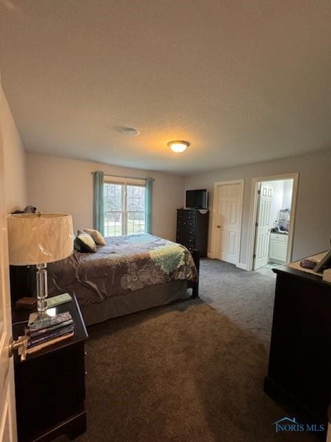 bedroom featuring dark colored carpet