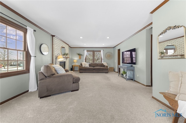 carpeted living room with recessed lighting, a fireplace, crown molding, and baseboards