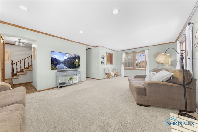 carpeted living area featuring recessed lighting, baseboards, stairway, and ornamental molding