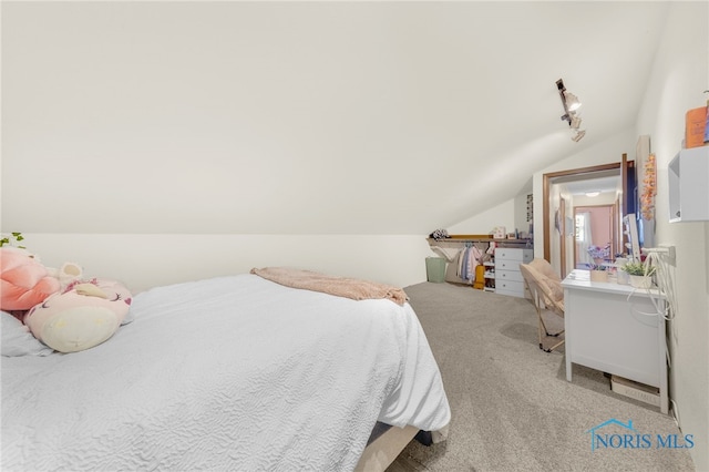 bedroom featuring light carpet and lofted ceiling