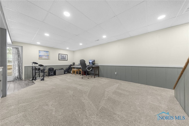 office featuring wainscoting, carpet, a paneled ceiling, and recessed lighting