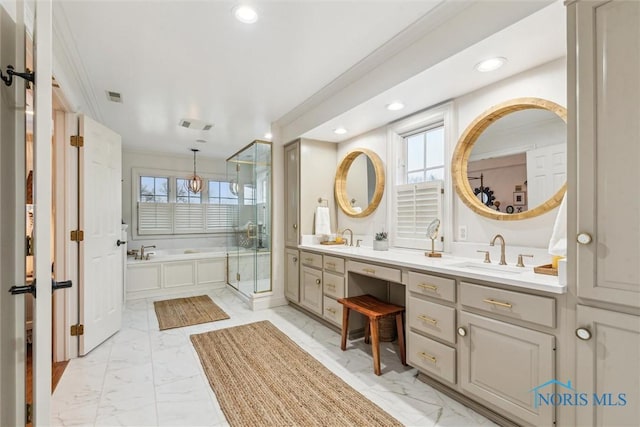 bathroom with a stall shower, visible vents, a sink, marble finish floor, and a bath