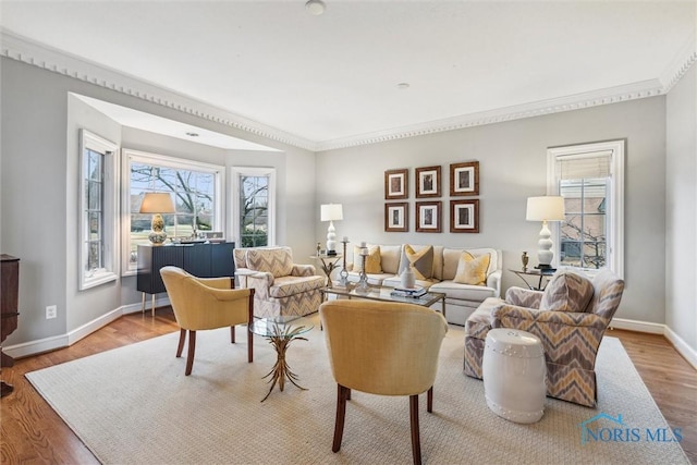 living area featuring a healthy amount of sunlight, baseboards, and wood finished floors