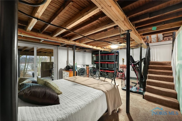 carpeted bedroom with separate washer and dryer and access to exterior