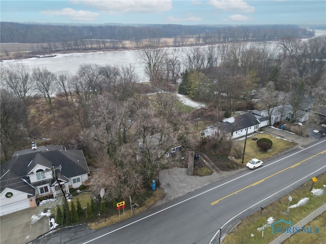 aerial view featuring a water view and a forest view