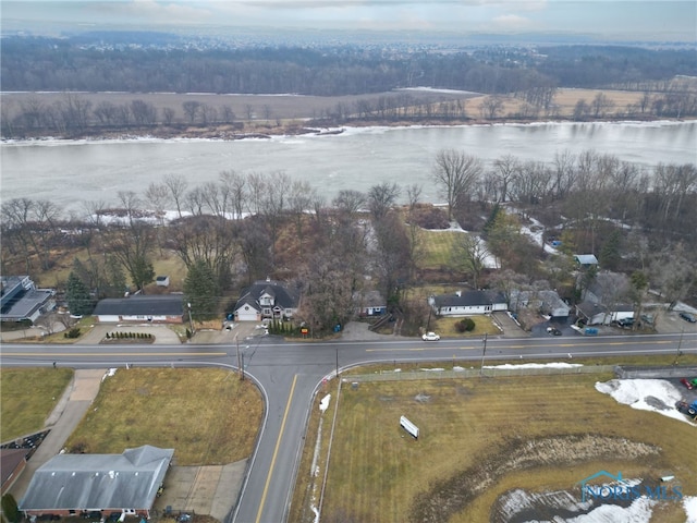 bird's eye view with a water view