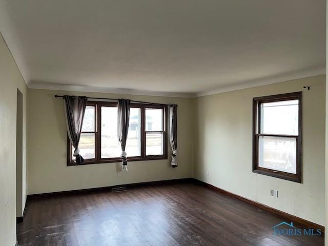 spare room with dark wood-style floors, baseboards, and a wealth of natural light