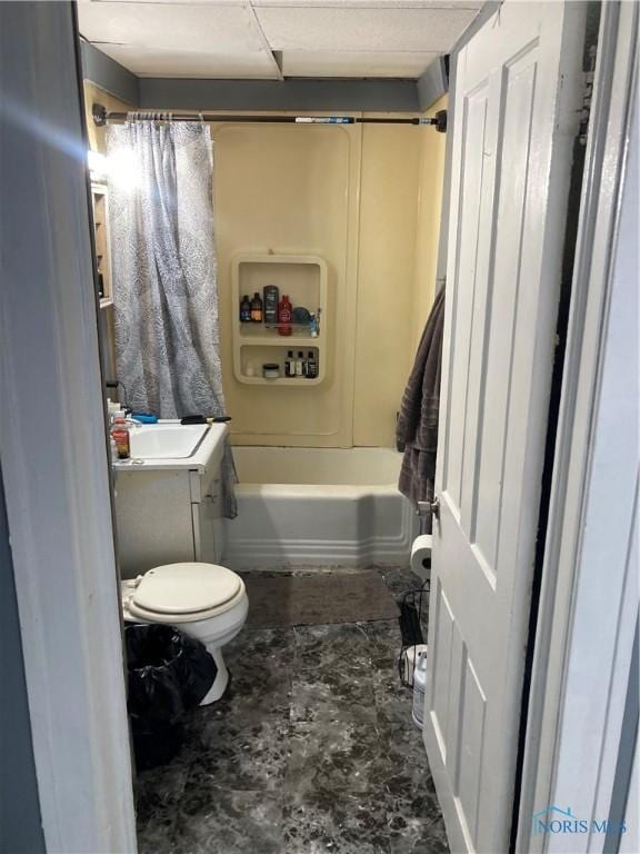 full bathroom with toilet, shower / tub combo, and vanity