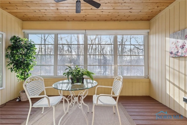 sunroom / solarium with ceiling fan, wood ceiling, and a healthy amount of sunlight